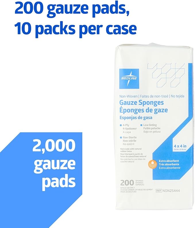 Medline Non-Sterile Nonwoven Gauze Sponges, 4-Ply, 4" x 4", Perfect for Wound Care, Pack of 2000