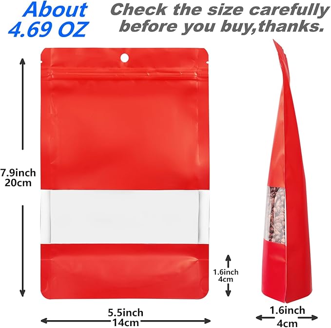 60 Pack Stand up Matte Metallic Storage Bags with Clear Front Window Heat-Sealable Resealable Solid Color Pouches for Food Storage Containers Organizer(Red,5.5 * 7.9 inch,Pack of 60)