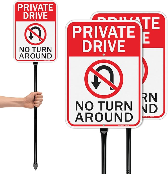 GicnKeuz Private Driveway No Turn Around Signs with 36" Heavy Duty Metal Stakes, 14"x10" .040 Aluminum Reflective Signs, Fade Resistant/Waterproof, Including Screws, Easy to Install, Outdoor Use (2 Pack)