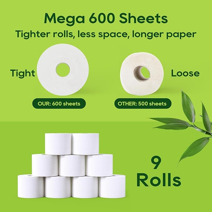 ECOLipak Bamboo Toilet Paper, Septic Safe Toilet Tissue, 9 Mega Rolls, 600 Sheets Per Roll, Tree Free, Non Toxic, 2 Ply, Soft and Absorbent, Eco Friendly Dye-Free Paper