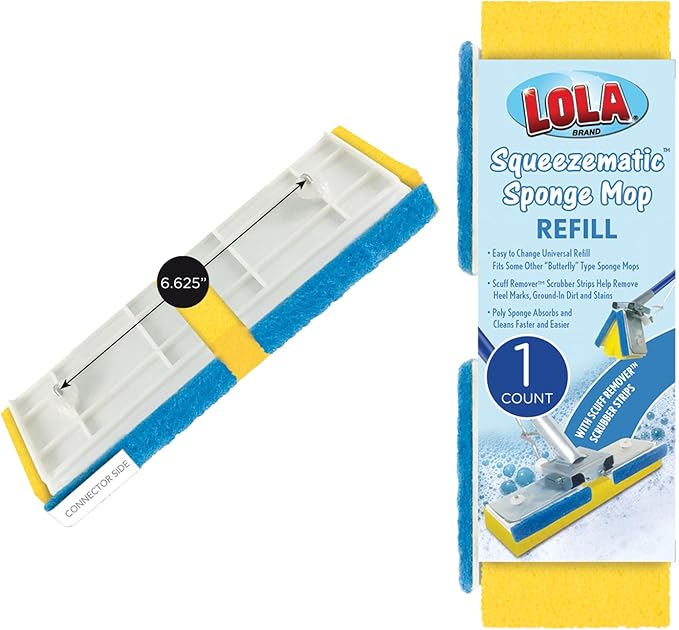 LOLA Squeeze Matic Butterfly Sponge Mop Refill, 9", Replacement Head, Floor Cleaning, Comparable w/Quickie Type S Sponge Mop Refill, 1 Pack