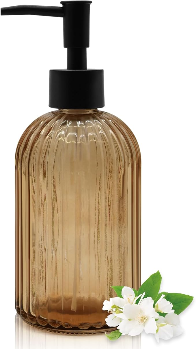 14oz Amber Glass Soap Dispenser with Black Pump – Refillable for Hand Soap, Dish Soap, Lotion, Suited for Kitchen, Bathroom & Laundry Room (Brown)