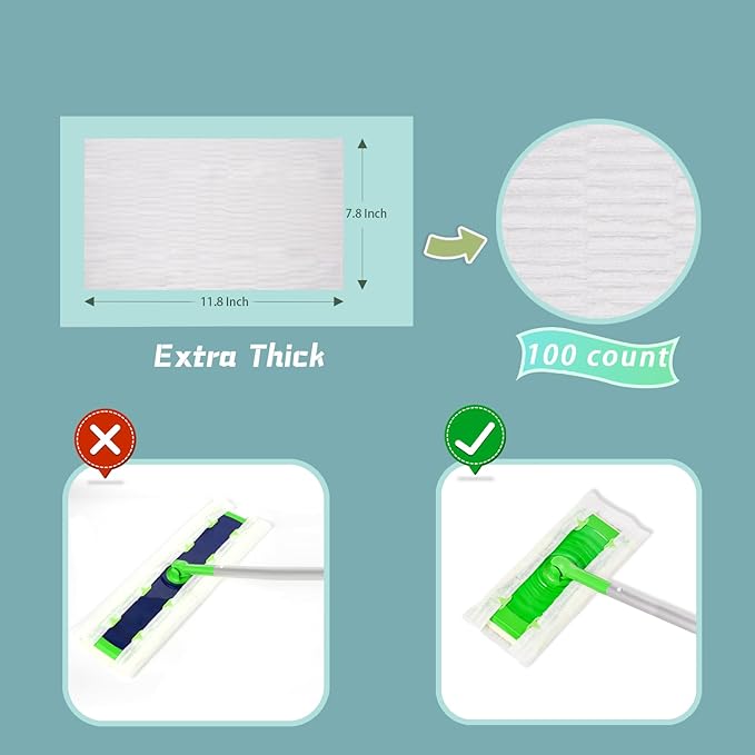 Dry Mop Refills 100 Counts Disposable Dusting Cloths Dry Sweeping Refills Dry Duster Cloths Mop Pads Floor Cloth Refills Electrostatic Cloths 7.8"x11.8" Extra Thick Box Packing