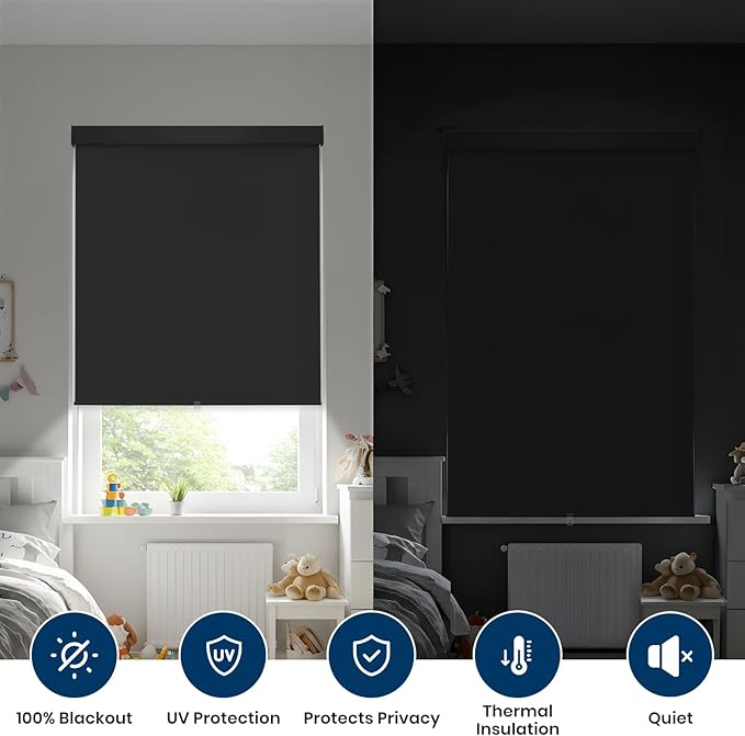 100% Blackout Roller Shades Cordless Blinds for Indoor Windows,Free-Stop Window Shades Pull Down,Thermal Insulated Fabric UV Protection,Blackout Window Guard Blinds for Home,Office,Black,34" W x 72" H