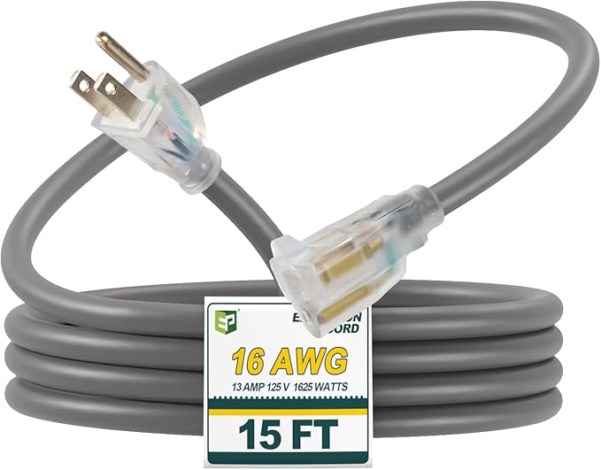 EP 15 Ft 16/3 SJEOW Heavy Duty Extension Cord, Grey Power Cable with LED Lighted Plug & 3-Prong Grounded Plug, Water-Resistant for Indoor/Outdoor Use, Lawn, Garden, Appliances & Tools