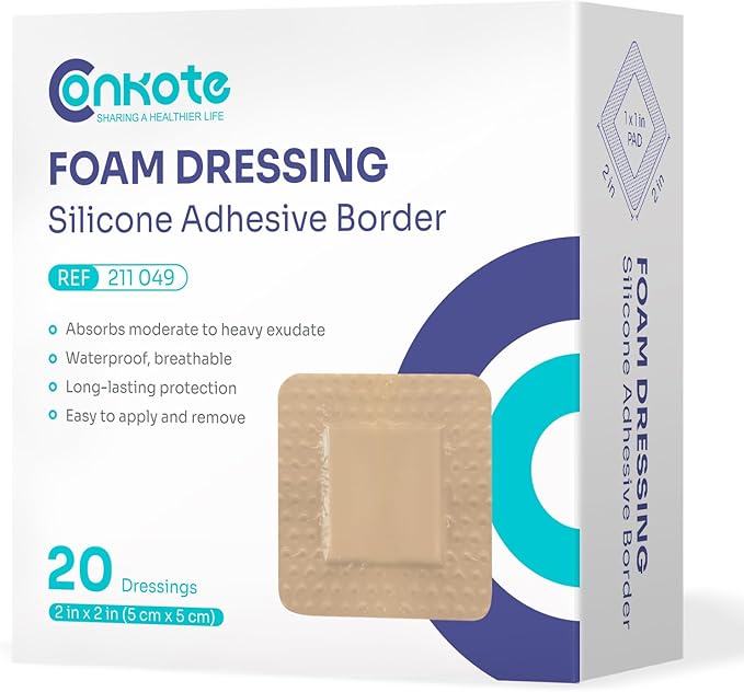 Conkote Silicone Foam Dressings 2'' X 2'', Large Bandages for Wound Care, Box of 20 Dressings