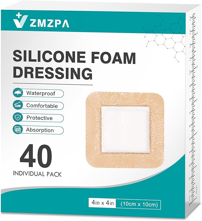 40Pcs Silicone Foam Dressing 4x4 Gentle Border, Waterproof Silicone Bandages for Wounds Care, Bed Sore Patches, Super Absorbent Wound Dressing, Self Adhesive Pressure Sore Pads