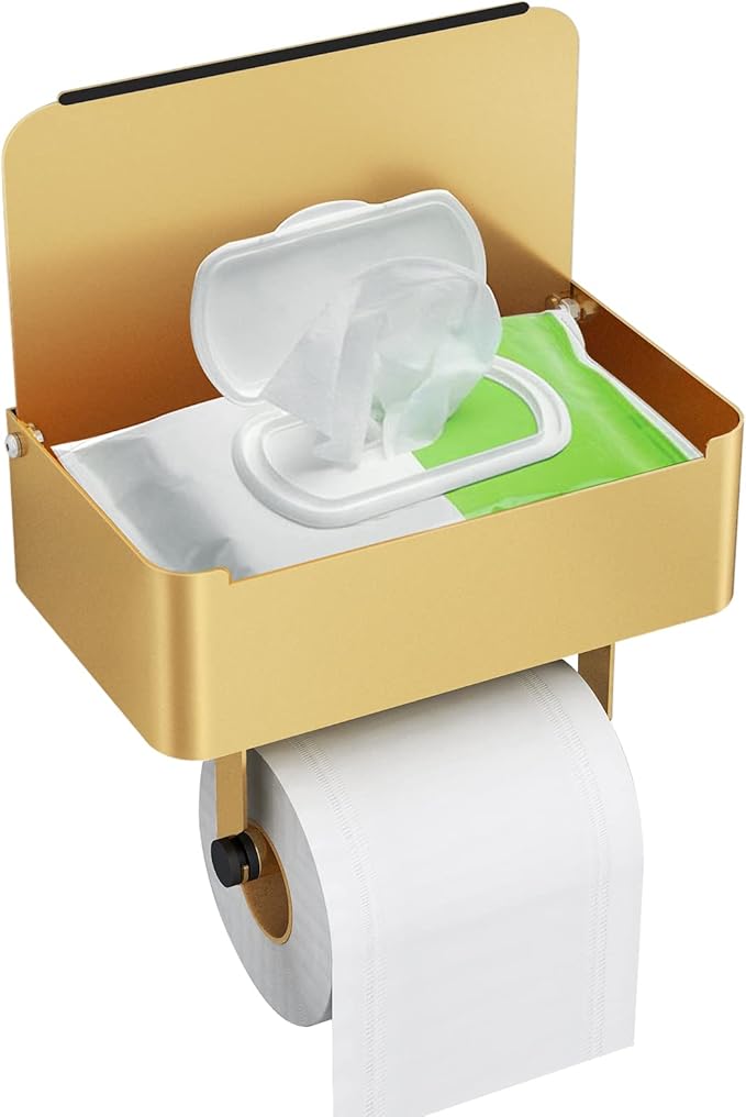 JUYSON Toilet Paper Holder with Shelf, Flushable Wipes Dispenser Fits for Bathroom Wipe Storage, Keep Your Wipes Hidden Out of Sight - SUS304 Stainless Steel Wall Mount Organizer (Color Gold)