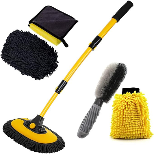 Car Wash Brush with Long Handle, Chenille Microfiber Mop Mitt with 1 Replacement Head, Wheel Brush Extension Pole Cleaning Kit & Towels for Cars & Trucks - 5PCS