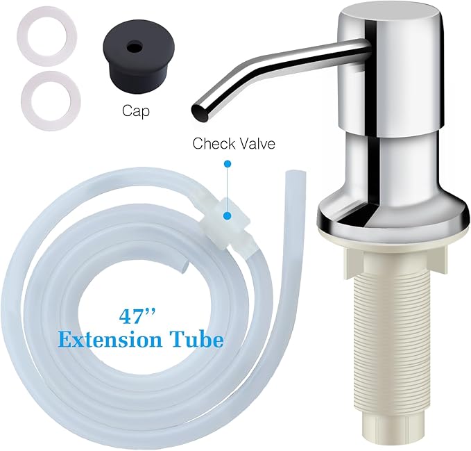 Soap Dispenser for Kitchen Sink and Extension Tube Kit, Stainless Steel Countertop SoapDispenser with 47 Inches Tube Connects Directly to Soap Bottle, Hand and Dish Soap Dispenser Pump （Chrome）