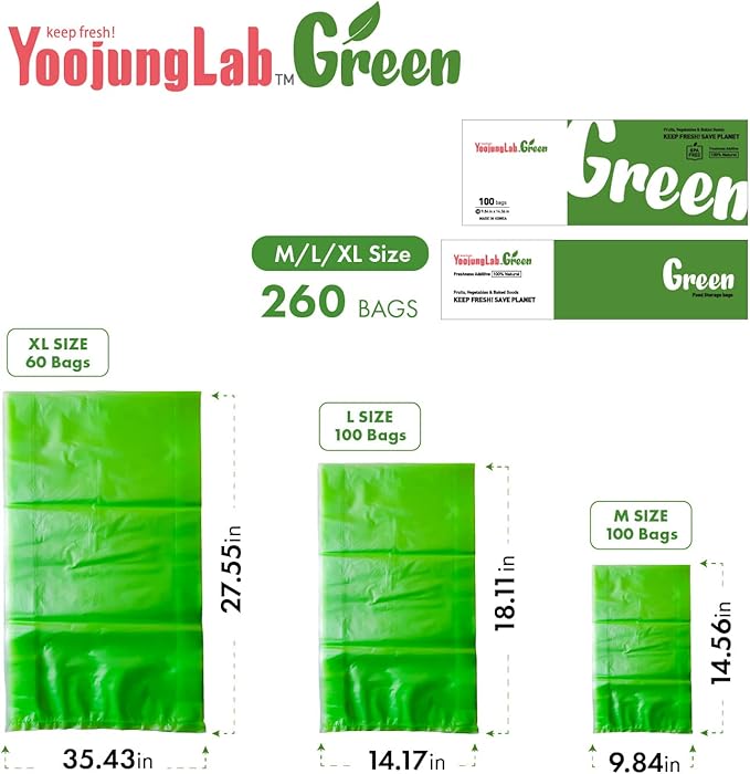 Green Food Storage Bags - M+L Size, 200 Bags, Keep Fresh Produce, Fruits, Vegetables, Flowers, BPA FREE, HDPE, Eco-Friendly