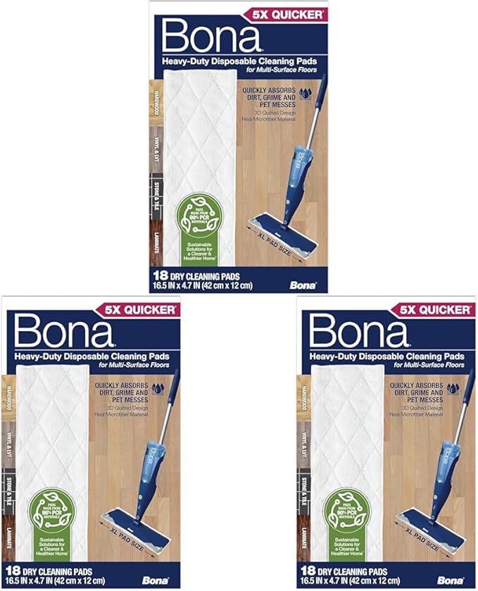 Bona Multi-Surface Floor Cleaning Pads - 18 Refills - Heavy-Duty, Disposable, Microfiber Pads for Easy Floor Cleaning (Pack of 3)