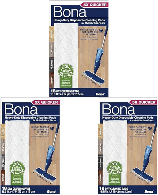 Bona Multi-Surface Floor Cleaning Pads - 18 Refills - Heavy-Duty, Disposable, Microfiber Pads for Easy Floor Cleaning (Pack of 3)