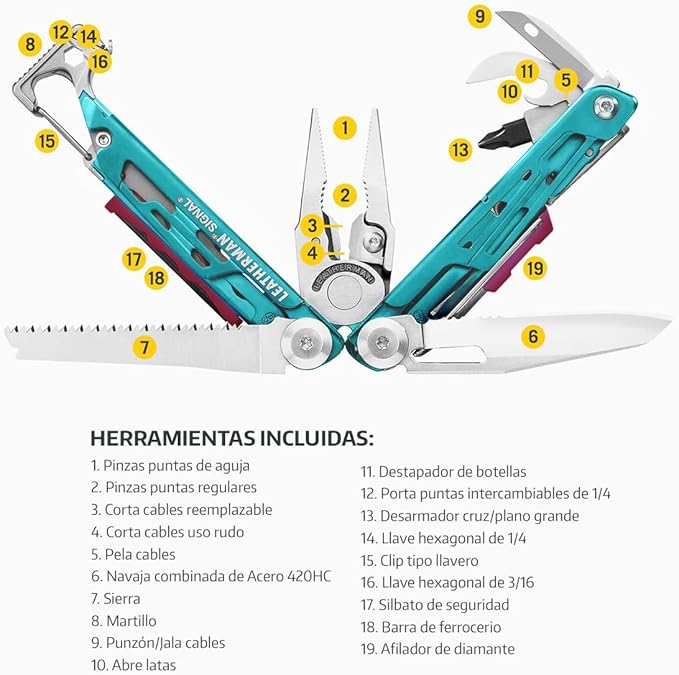 LEATHERMAN, Signal, 19-in-1 Multi-tool for Outdoors, Camping, Hiking, Fishing, Survival, Durable & Lightweight EDC, Made in the USA, Aqua/Silver