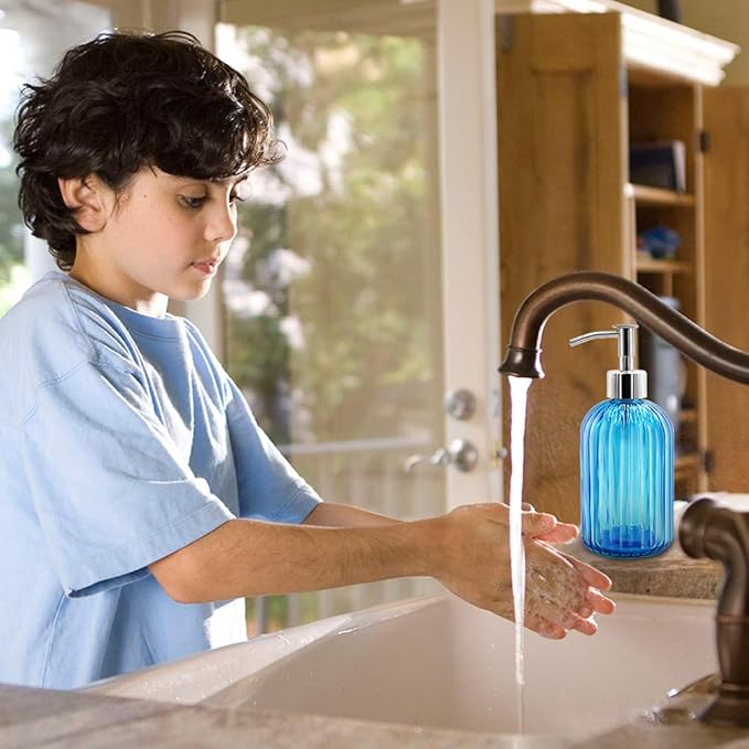 2 Pack Blue Glass Soap Dispenser Bottle with Pump, 14 Oz Refillable Liquid Hand Jar Dispenser for Bathroom, Countertop, Kitchen, Laundry Room