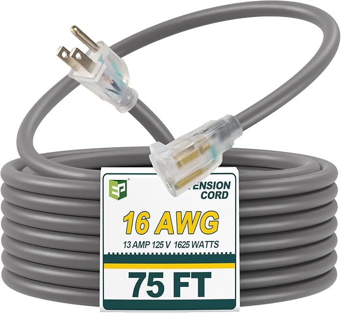 EP 75 Ft 16/3 SJEOW Heavy Duty Extension Cord, Grey Power Cable with LED Lighted Plug & 3-Prong Grounded Plug, Water-Resistant for Indoor/Outdoor Use, Lawn, Garden, Appliances & Tools