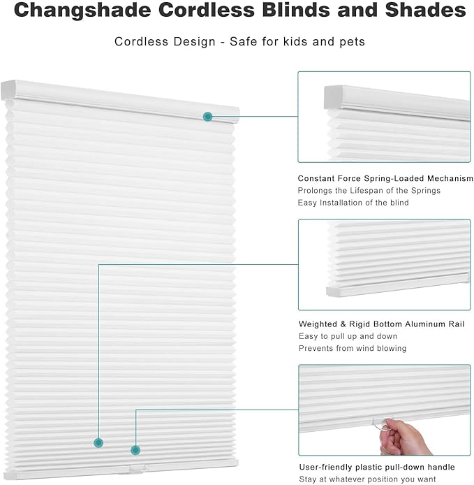 Changshade Cordless Cellular Shades, Light Filtering Honeycomb Shades for Windows, Pull Down Pleated Blinds, Easy to Install for Indoor Windows and French Doors,40" W x 72" H, Grey
