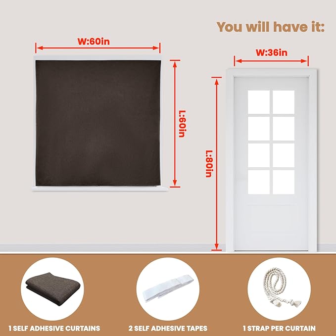 JILROIN Self Adhesive Curtains,100% Blackout Window Cover,No Drilling,Easy to Install,Provides Privacy Protection for Bedrooms (Dark Coffee - W60 × L60 in)