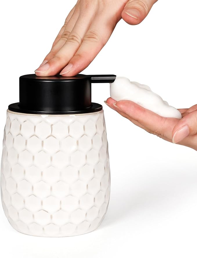 Foaming Soap Dispenser, 13OZ Ceramic Foam White Hand Soap Dispenser with Honeycomb Design for Kitchen or Bathroom, Refillable Dish Lotion Dispenser, ANTIS'S HOME
