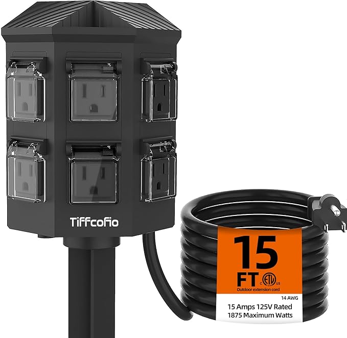TiFFCOFiO Outdoor Power Strip Weatherproof, 15 FT Extension Cord with Stake, 6 Grounded Outlets for Halloween Inflatables and Decorations, 15A/1875W, ETL Listed