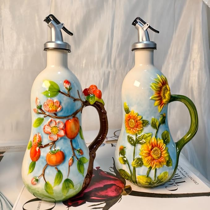 18 oz Hand-Painted Relief Ceramic Olive Oil Bottle Dispenser, with Handle Decorative Olive Oil Dispenser Bottle, for Kitchen Ceramic Oil Vinegar Bottle Seasoning Bottle with Stainless Steel Pour Spout