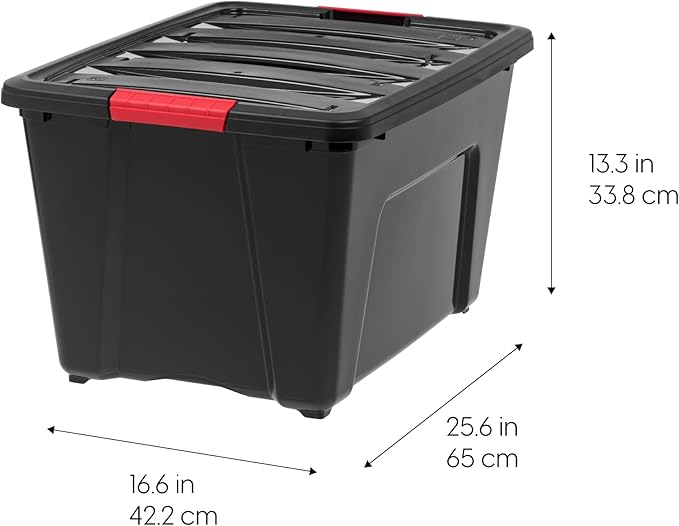 IRIS USA 72 Qt Stackable Plastic Storage Bins with Lids, 4 Pack - BPA-Free, Made in USA - Garage Organizing Solution, Latches, Durable Nestable Containers, Secure Pull Handle - Black