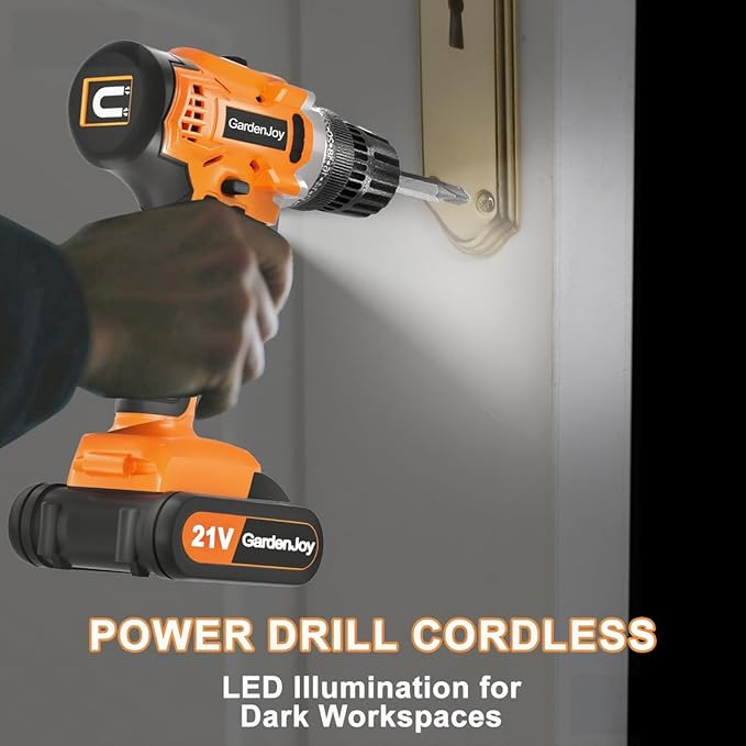 GardenJoy 20v Cordless Drill Set, Power Electric Kit 2 Batteries With Charger 30Nm 2-Speed 3/8" Keyless Chuck 24+1 Torque Drill Driver screwdriver Bits with LED Electric Work Light for MEN DIY