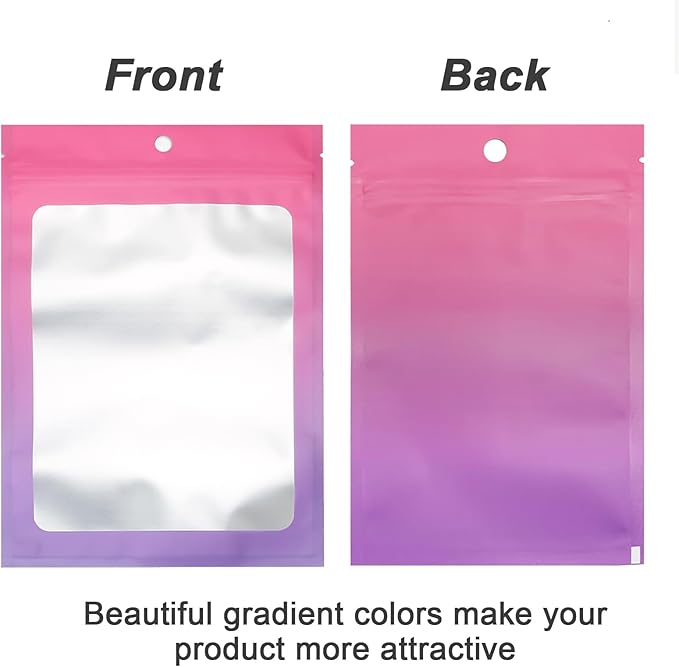 300 Pcs Gradient Mylar Bags, 3 Size Smell Proof Bags with Clear Window Foil Pouch Bags Resealable Bags for Small Business and Food Storage, Pink Purple