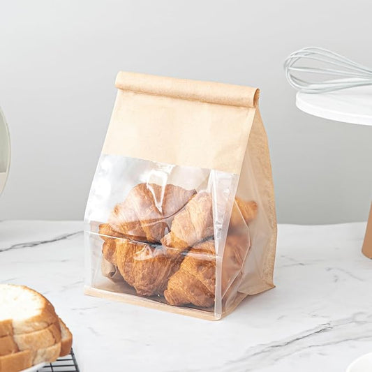 50 Pcs Bread Bags for Homemade Breads with Window, 6.3 x 5.1 x 10.3 Inch Tin Tie Tab Lock Resealable Bakery Loaf Bags for Packaging Sourdough Bread, Cookies, Bagels, Pastry