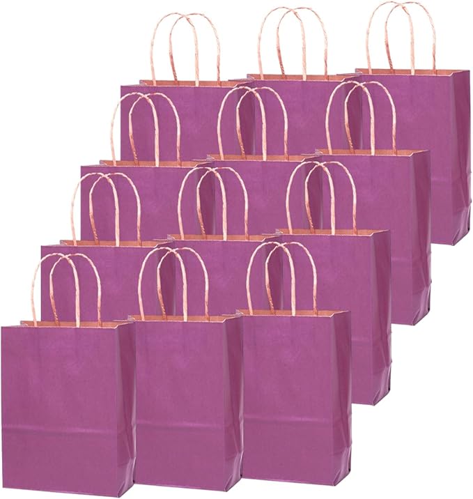 qiqee 60 pcs Kraft Bags with Handles 7.6"x4.75"x10.5" Medium Gift Paper Bag Purple Solid Color Bags