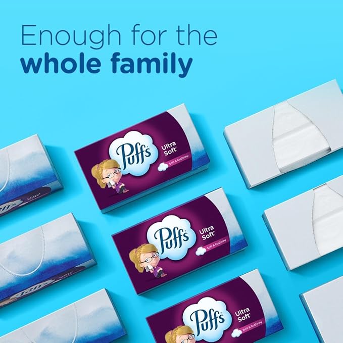 Puffs Ultra Soft Facial Tissues, 24 Family Boxes, 124 Tissues per Box