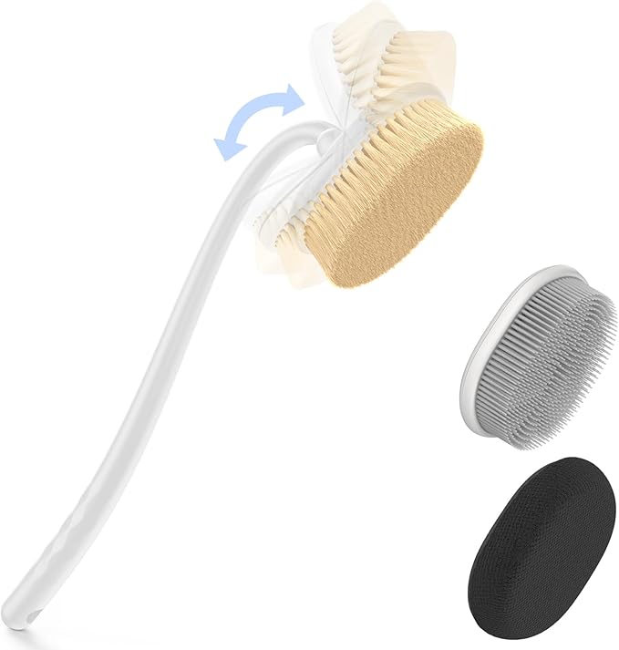 3-in-1 Flexible Up-Down Back Scrubber for Shower for Men & Women, 3 Detachable Back Brush Heads (Silicone/Sponge/Bristle), Ergonomic Long Handle Body Scrubber for Body Cleaning & Exfoliation