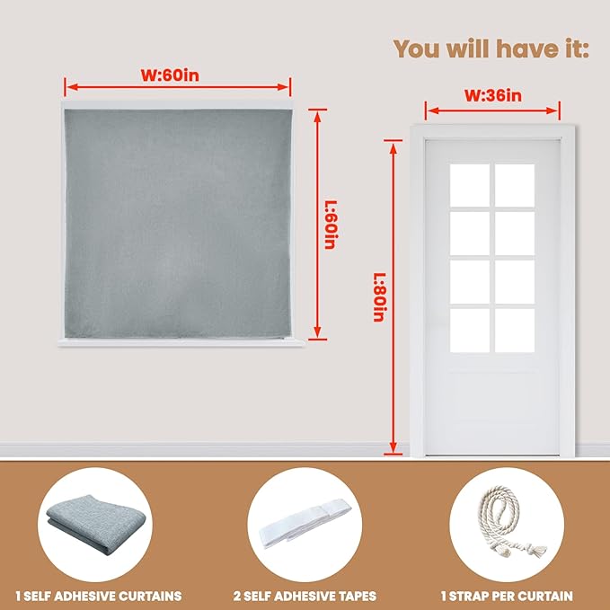 Adhesive Curtain,100% Blackout Curtains, No Drilling, Suitable for Multi-Scenes Privacy Protection (Light Gray - W60 × L60 in)
