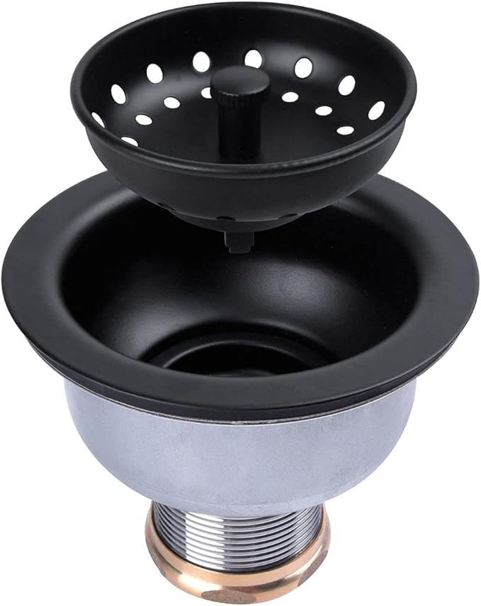 3-1/2 Deep Cup Kitchen Sink Drain Assembly, 304 Stainless Steel Construction With Fixed Post Basket and Long Extended Shank/CAS Approved and Matte Black Finish