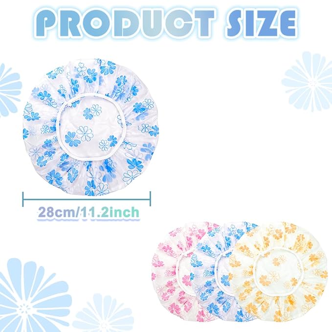 18Pcs Plastic Shower Caps for Women Waterproof Bath Caps Bathing Hair Cap Reusable Shower Caps for Shower,Spa,Salon,Housework,Girls,Home,Travel (Yellow+Red+Blue-Flower)