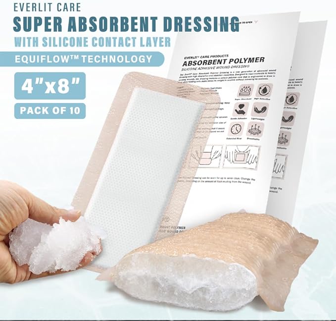EVERLIT Silicone Super Absorbent Dressing with Border | Sterile Self-Adhesive SAP Bandage Pad for High Absorbency & Reduced Risk of Maceration | Advanced Wound Care for Heavily Exudating Wound 4x8