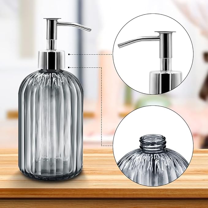 2 Pack Glass Soap Dispenser Bottle with Pump, 14 Oz Refillable Liquid Hand Jar Dispenser for Bathroom, Countertop, Kitchen, Laundry Room (Dark Grey)