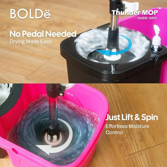 Thunder Mop Spin System - 2 Compact Stackable 6L Buckets, Microfiber Head, Stainless Steel Wringer, Antifungal Quick-Dry Cleaning, Soap Dispenser, 3 Free Refills (Lt Green/Dk Green)