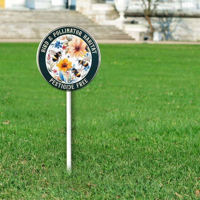 Bidesign Round (9.2X9.2) IN Bird And Pollinator Habitat Pestiside Free Yard Sign with Stake Rustproof Aluminum Bee Lawn Signs Stand for Home Garden Yard Decorations Outdoor