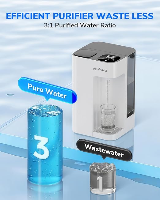 Ecoviva Mate 3 Countertop Reverse Osmosis Water Filter, 8-Stage RO Water Filtration System with 40oz Water Purifier for Home, 3:1 Pure to Drain, Auto Water-Filling, NSF Certified, White