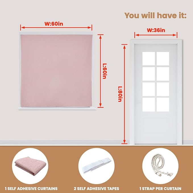 JILROIN Self Adhesive Curtains,100% Blackout Window Cover,No Drilling,Easy to Install,Provides Privacy Protection for Bedrooms (Light Pink - W60 × L60 in)