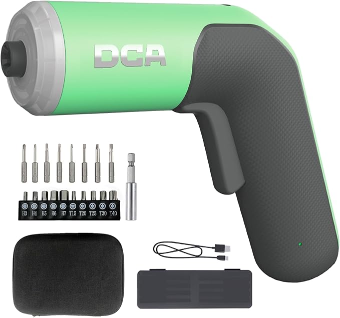 DCA 4V Electric Screwdriver Set, 5 N.m with 2000 mAh Li-ion Battery, 1/4" Magnetic Hex Chuck, USB-C Charging Cable, 18 Driver Bits for Furniture Repairs, Green