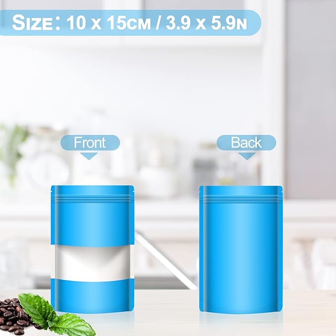 100 Pack Smell Mylar Proof Bags for Food Storage, Resealable Packaging Bags for Small Business, Stand Up Foil Pouches Reusable Heat Sealable Bags with Clear Window (Blue, 3.9x5.9 In)