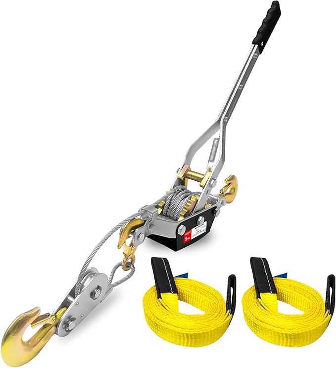 Come Along Winch 5-Ton 9.84FT Steel Cable & 3 Hooks Dual Gear with Two 1"x8FT Lifting Sling Heavy Duty Ratchet Power Puller Tool for Vehicle Rescue