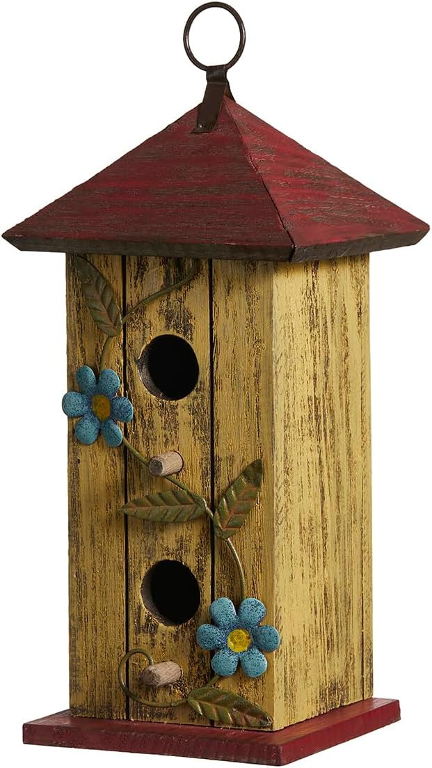 Glitzhome Bird houses for Outside,11.75"H Hand Painted Distressed Wooden Decorative Hanging Bird House for Outdoor Garden Birdhouse with 3D Metal Flower for Swallow Sparrow Hummingbird Finch Cardinals
