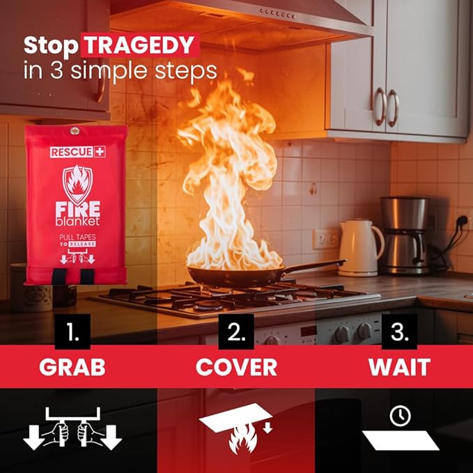 Rescue+ Emergency Fire Blanket for Home, Kitchen, Workplace & Travel, 40” x 40” Fiberglass Flame Retardant Safety Blanket, Fire Suppression for House, Camping, Car Emergencies - 1 Pack