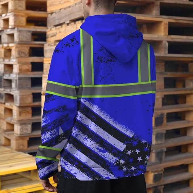Color US Flag High Visibility Hoodie for Men Women Reflective Tapes Safety Workwear for Worker Runner Patriotic