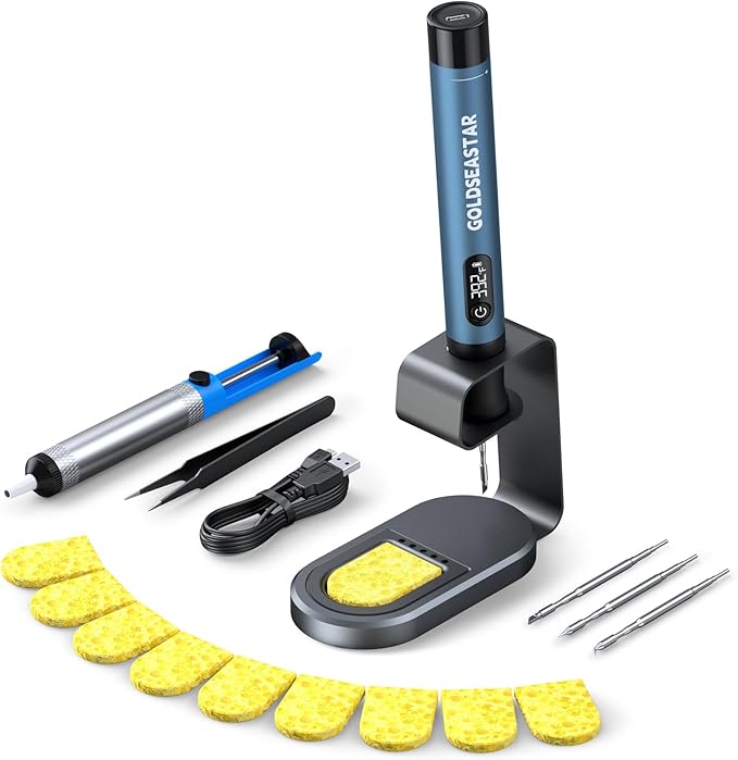 Cordless Soldering Iron Kit - 7s Fast Heating & Auto Sleep, Portable USB-C Rechargeable Welding Pen with 3 Tips (392°F/200°C to 842°F/450°C) for Electronics Repair/DIY/Circuit Board, Blue
