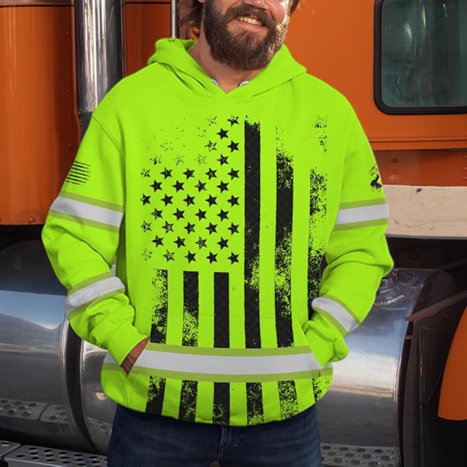 Color US Flag High Visibility Hoodie for Men Women Reflective Tapes Safety Workwear for Worker Runner Patriotic