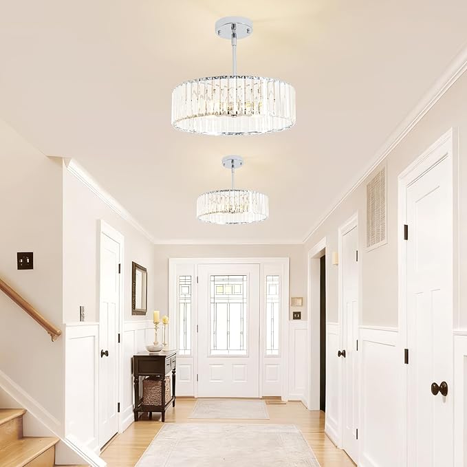 4-Light Chrome Crystal Chandelier,Modern Dinning Room Light Fixture,Round Pendant Light Kitchen Island,Semi Flush Mount Ceiling Light for Hallway Living Room Entryway Bedroom,16 Inch